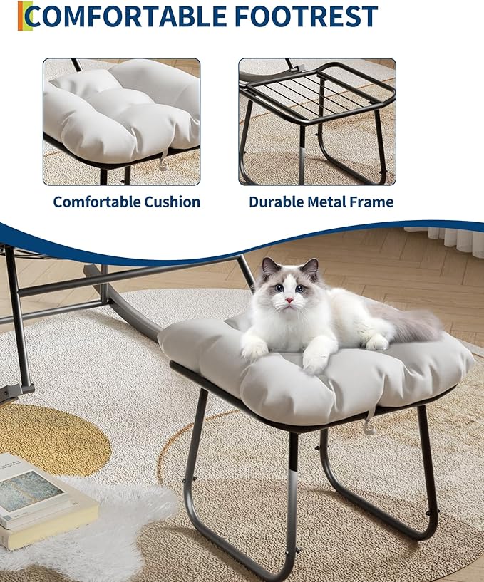 GarveeLife Outdoor Oversized Papasan Rocking Chair with Footrest, Patio Lounge Chair with Ottoman and Sturdy Metal Frame, Patio Rattan Egg Rocker for Balcony Backyard Porch Bedroom, White