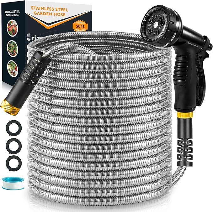 Garden Hose 50 FT, Stainless Steel Heavy Duty Water Hose With 10 Function Nozzles, Flexible No-Kink, Pet-Proof, Puncture-Proof Rust-Proof for Yard, Outdoors