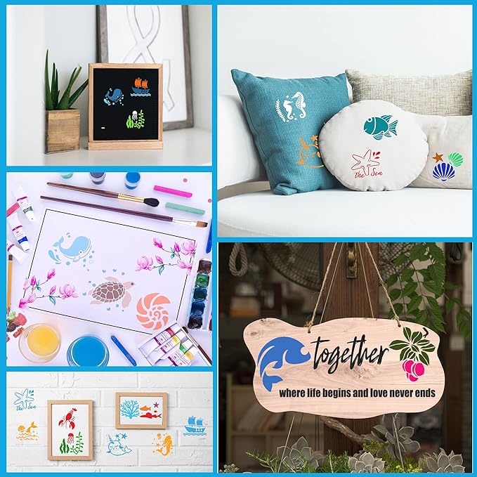 Sea Life Stencils for Kids, 64PCS 3x3 Plastic Reusable Art Stencils for Crafts, Drawing Templates for Wall Wood Fabric Canvas, Lovely & Creative Gift for Family