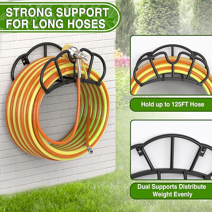 Super Stable Garden Hose Holder Wall Mount, Heavy Duty Water Hose holder Hanger Holds 125-Feet Hose, Metal Hose Storage Reel Rack Organizer for Outside Yard Lawn