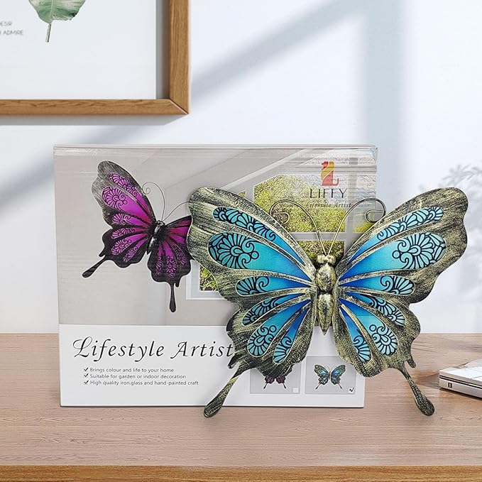 LIFFY Metal Butterfly Outdoor Decor 12"" Hanging Glass Butterflies Wall Decor Garden Art Decorative Ornaments Outside Indoor Home Decor for Living Room Bedroom Patio Fence, Blue