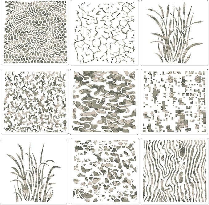 Outus 9 Pieces Camo Print Stencils Camouflage Painting Templates Reusable Grass Pattern Stencils Green Camo for DIY Scrapbooking Painting on Wood Crafts (11.8 x 11.8 Inch)