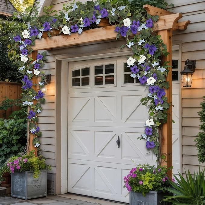 CISDUEO 2 Pcs Artificial Vines for Outdoors Silk Morning Glory Garland 11.5 Ft Hanging Flowers Plants Fake Petunias Vines for Indoor Home Decor Wall Fence Mantle Stairway Mailbox Purple Blue and White