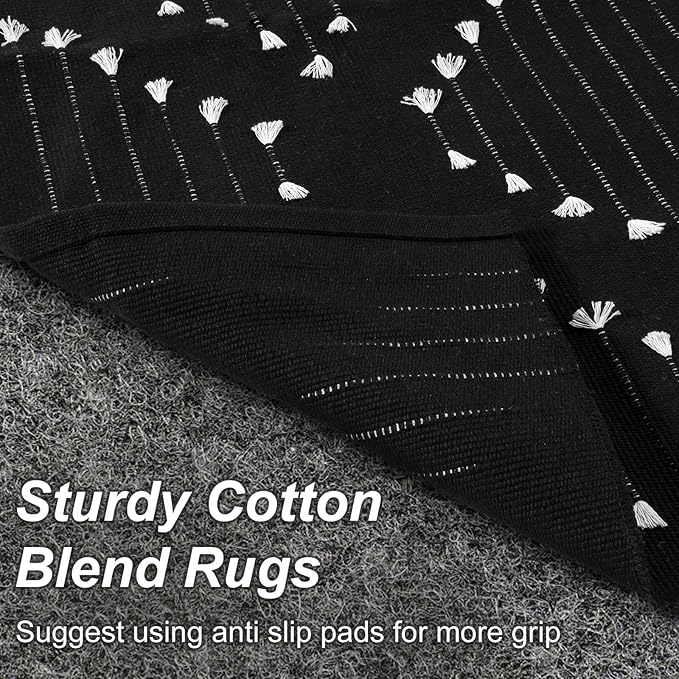LIVEBOX Boho Black Rug for Kitchen,3x5 Washable Area Rug for Entryway,Moroccan Cotton Throw Rugs Morden Indoor Carpet Large Door Mat for Front Porch