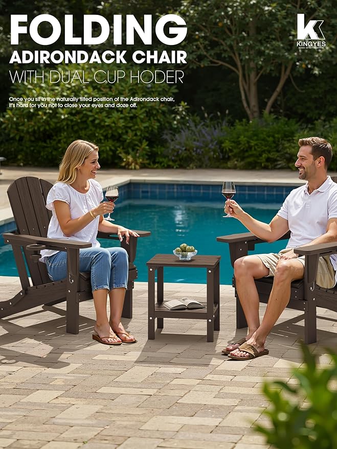 KINGYES Folding Adirondack Chair Set of 4, Dual Cup Holders & All-Weather HDPE, Wood-Like Patio Chair for Backyard, Camping, Pool & Fire Pit, Coffee