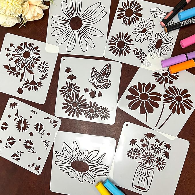 25 PCS Daisy Stencils for Painting, Stencils for Crafts Reusable 6 x 6 Inch Floral Quote Templates for Wood Signs Journals Cards and Cheerful Decor