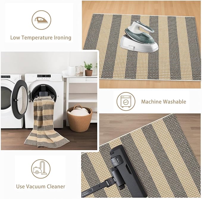 Striped Outdoor Front Door Mat 24"x51", Cotton Hand Woven Rug Indoor Doormat Washable Black and Tan Rug Runner, Foldable Front Door Rugs for Entryway/Farmhouse/Home Entrance