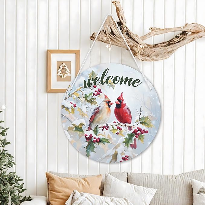 1 Pcs Winter Welcome Cardinal Bird Front Door Sign, Christmas Cardinal Bird Round Hanging Sign, Twig Berry Snow Outdoor Porch Home Wall Patio Garden Farmhouse Holiday Decor, 11 x 11 inches