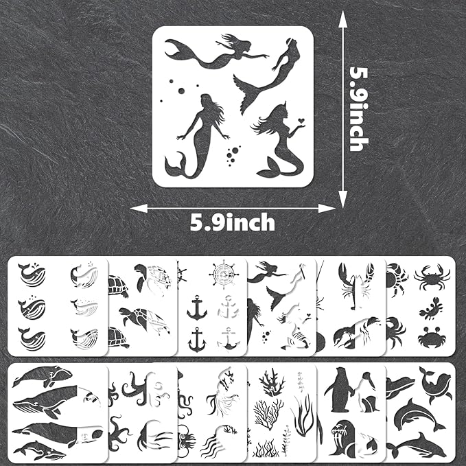 YKW 12 Pcs Sea Life Stencils Set, Reusable Marine Creatures Painting Templates for DIY Ocean Crafts, Nautical Decor, for Wood Walls Chalkboards Rocks DIY Art Projects,Ideal for Crafters,and Artists