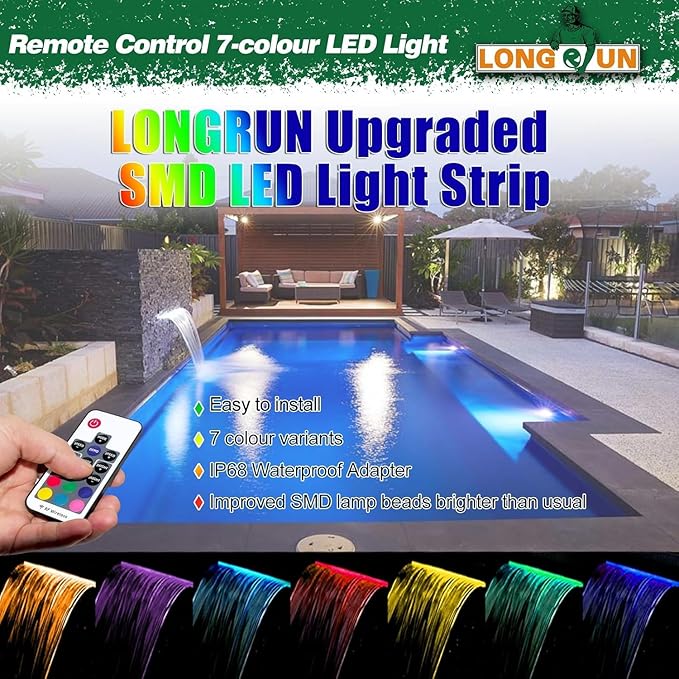 Pool Fountain, LONGRUN Waterfall Spillway for Koi Ponds - 23.6" Transparent Acrylic Waterfall Multi-Color LED Lights for Swimming Pool, Garden Pond, Patios, Spa Decoration