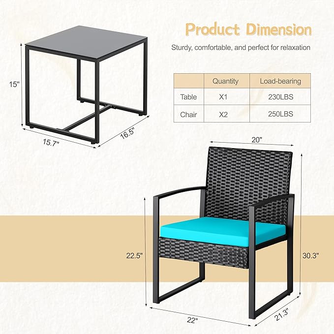 Greesum 3 Piece Wicker Conversation Bistro Sets Outdoor Patio Set Modern Rattan Chair Furniture Sets with Coffee Table for Yard Garden Porch Lawn (Blue)