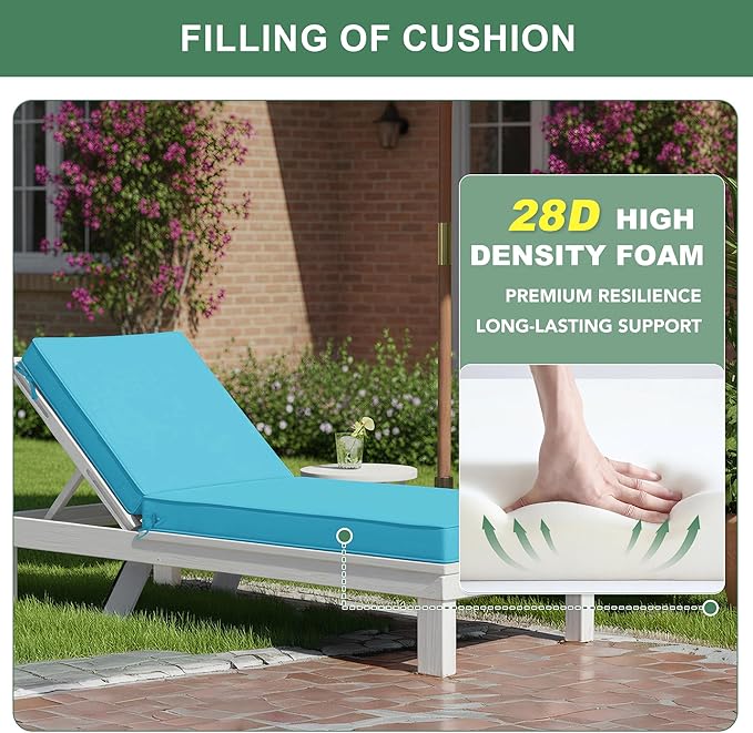 Chaise Lounge Cushions Outdoor Set of 4 - Waterproof and Fade Resistant Sun Lounger Replacement Cushions - Patio Lounger Pads with Removable Cover for Pool, Deck, Lawn, 72 x 21 x 3 Inch, Teal