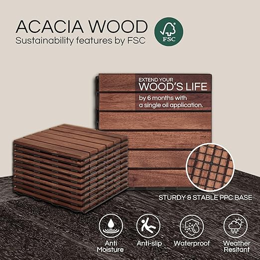 10 Pcs Deck Tiles, Patio Flooring - Outdoor Waterproof Acacia Wood Tiles for All Weather Use - Balcony, Backyard, Indoor & Outdoor (Dark Brown Striped Pattern, 10 Square Ft)