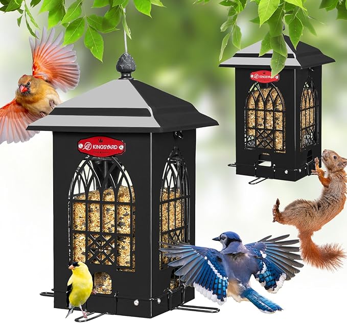 Kingsyard Squirrel Proof Bird Feeders for Outdoors with Weight-Activated Perches, 5 Lbs Capacity Large Metal Bird Feeder House for Small Wildbirds Cardinal Finch Bluebird, Weatherproof, Sequin Black