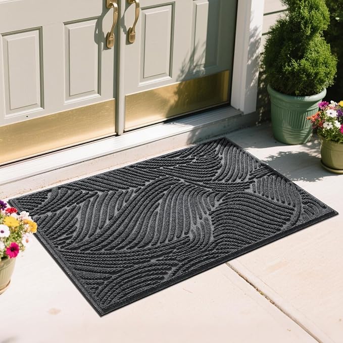 Yimobra Doormat Indoor Outdoor Entrance, Simple Stripes, All-Weather Waterproof & Non-Slip Mat for Front Door, Heavy Duty Polyester Welcome Mat for Garage, Patio-47x32，Dark Grey