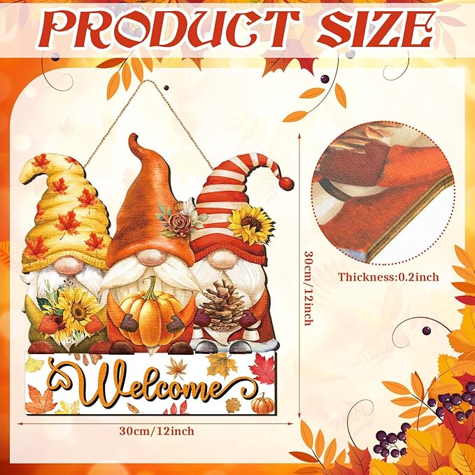Boao Thanksgiving Welcome Sign Gnome Hanging Door Decor Fall Wooden Sign Autumn Door Decorations Pumpkin Maple Leaves Hanger for Outdoor Farmhouse Porch