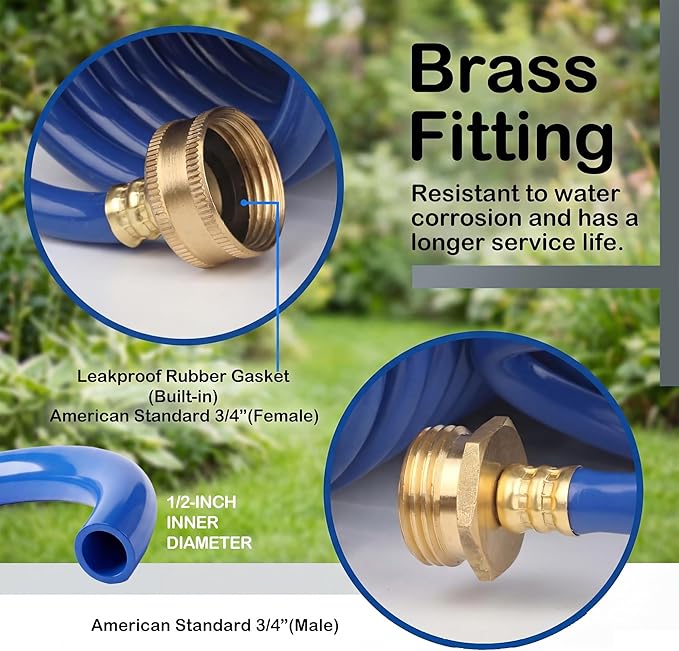 EVA Coil Garden Hose for Gardener: Retractable Self Coiling Hoses with 3/4" GHT Solid Brass Fittings - Kink Free and Flexible for Home and Garden Yard (50FT, Blue)
