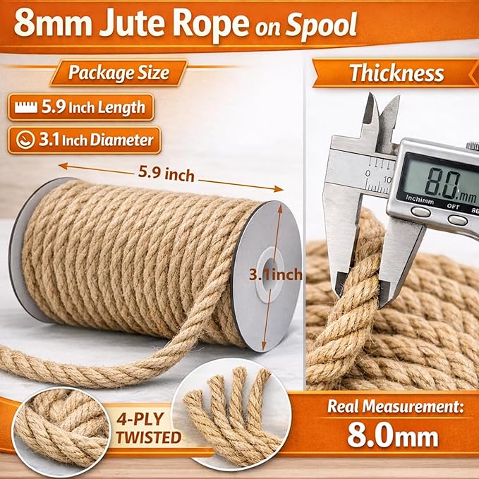Leecogo Jute Rope, 8mm Thick, 50 Feet, Natural Color for Crafts Gardening Cat Scratching Post Repair