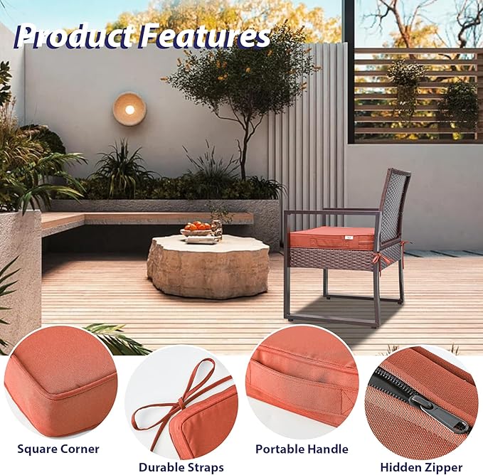 Outdoor Chair Cushions Set of 4 -Waterproof Outdoor Seat Cushions for Patio Furniture, Patio Chair Cushion with Handle and Ties, Square Out Door Chair Pads,17" x 16" x 2", Spice