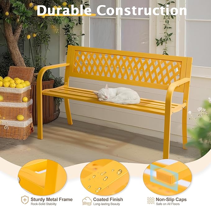 Outvita Outdoor Bench, 47" Iron Steel Frame Garden Bench with Mesh Pattern and Plastic Backrest Armrests, Patio Bench for Garden Park Yard Front Porch Patio, Yellow