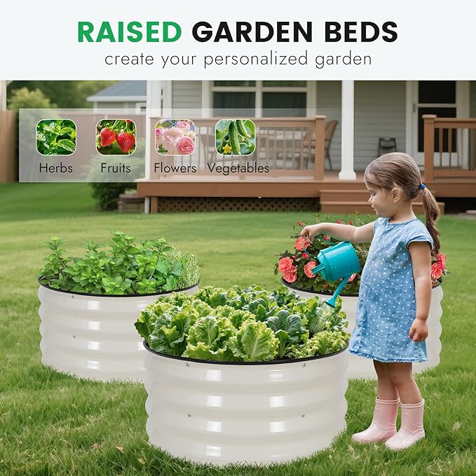 INNO STAG 3 Pcs Round Galvanized Raised Garden Bed — 2×2×1ft Planter Box Outdoor Raised Beds Kit for Gardening Vegetables, Fruits, Herbs, and Flowers, White