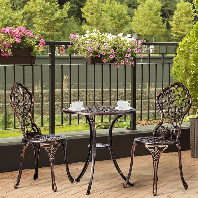 VINGLI 3 PCS Outdoor Bistro Set, Outdoor Patio Set, All-Weather Cast Aluminum Bistro Table Set, Bistro Table and Chairs Set of 2 for Backyard, Garden, Balcony (Bronze, Leaf)