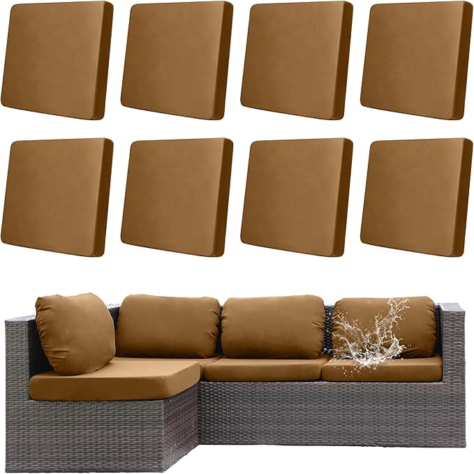 8Pcs Outdoor Cushion Covers, Patio Cushion Covers,Stretch Elastic Slipcovers, Replacement Washable & Reusable Furniture Protector for Patio Couch (Camel Color,Cover Only)