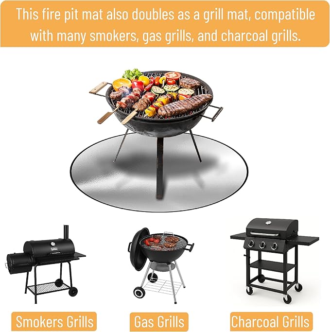 UNCO- Round Fire Pit Mat, 36", Silver Fireproof Design, Reusable, Portable, 3 Layers, Waterproof & Easy to Clean, Grill Matt for Outdoor Grill Deck Protector