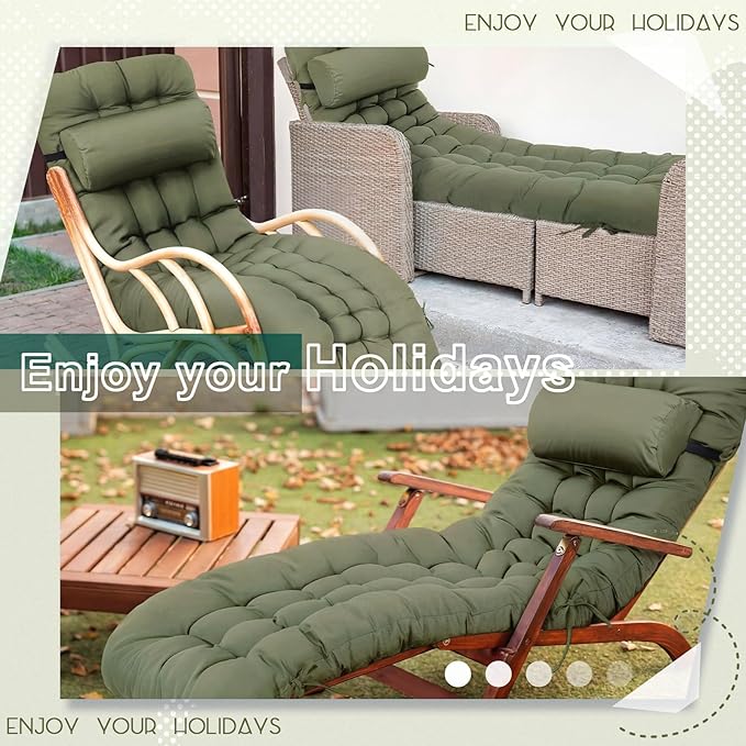 Tudomro 2 Pcs Olive Green 66'' Outdoor Chaise Lounge Cushion Waterproof Patio Lawn Pool Chaise Lounge Cushion with Headrest Pillow & Ties Weather Fade Resistant Replacement Longue Chair Pad