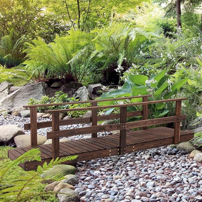7FT Wooden Garden Bridge with Handrails, Decorative Landscape Footbridge for Yard, Pond, Farm or Creek - Rust-Resistant Cedar Construction, Easy Assembly & 400LB Capacity