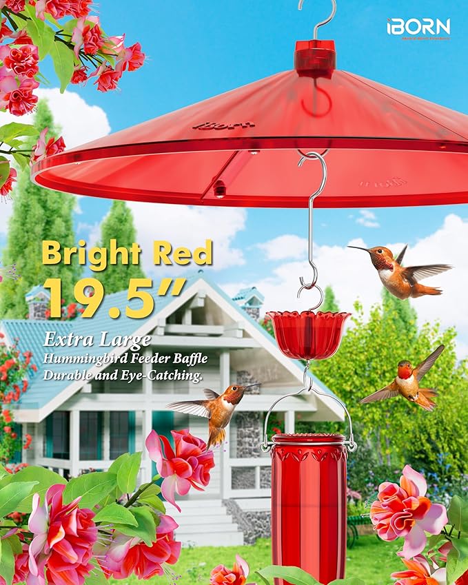 iBorn 19.5-inch Hummingbird Feeders Baffle, Weather Guard, Hanging Bird Feeders Protect, Red, Pack of 1