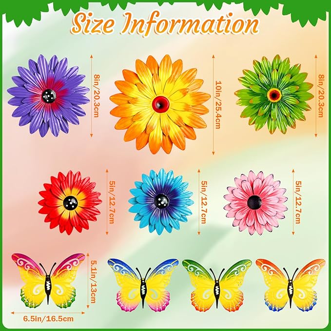 Gisafai 10 Pack Metal Flowers Wall Art Decor Outdoor, 3D 6 Pcs Daisy Flowers 4 Pcs Butterfly Metal Wall Art Fence Hanging for Fence, Patio, Garden, Backyard, Lawn, Balcony(Fashion)