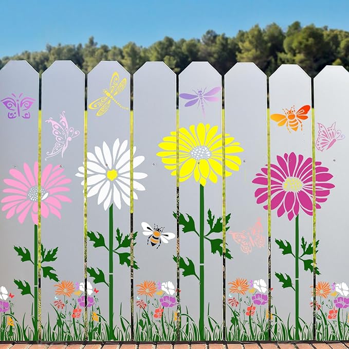 Large Flower Stencils for Painting, 8pcs Wall Stencils for Painting Large Pattern, Reusable Floral Butterfly Fence Stencils for Outdoors Garden Wood Walls DIY Crafts Home Canvas Furniture