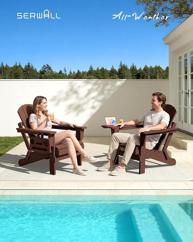 SERWALL Folding Adirondack Chair Set of 4, Outdoor Adirondack Chairs with 4 in 1 Cup Holder, Wood Texture Patio Chairs, Weather Resistant Fire Pit Chairs for Patio Deck Garden, Backyard Deck - Coffee