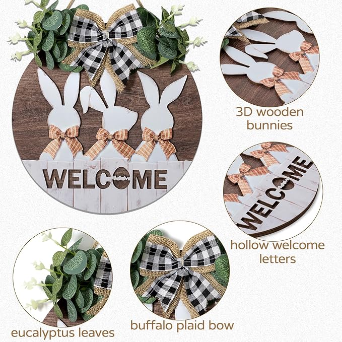 Easter Sign Wall Decor: Front Door Bunny Rabbit Decorations Spring Welcome Wreath Hanging Signs for Farmhouse