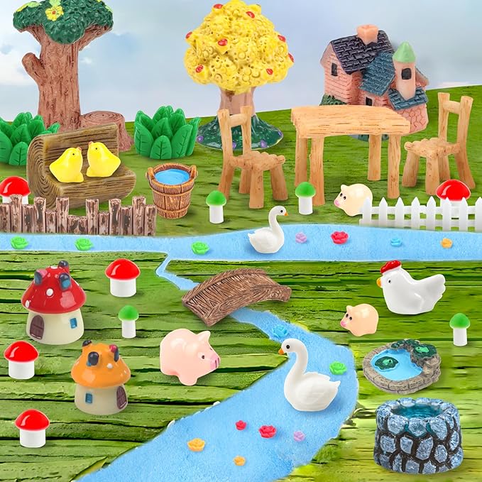 50 Pcs Fairy Garden Miniatures Accessories Bridge House Landscape Water Well Animal Fence Tree Sand Chair Table Pond Mushroom Lawn Ornament for DIY Craft Mini Garden Scenery Succulent Decor