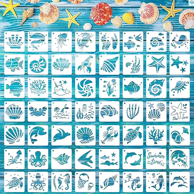 Augshy 56 Pack Sea Creatures Stencils - Ocean Animal DIY Pattern Stencils for Wall, Floor Decor & Rock Painting Art Projects (3inch)