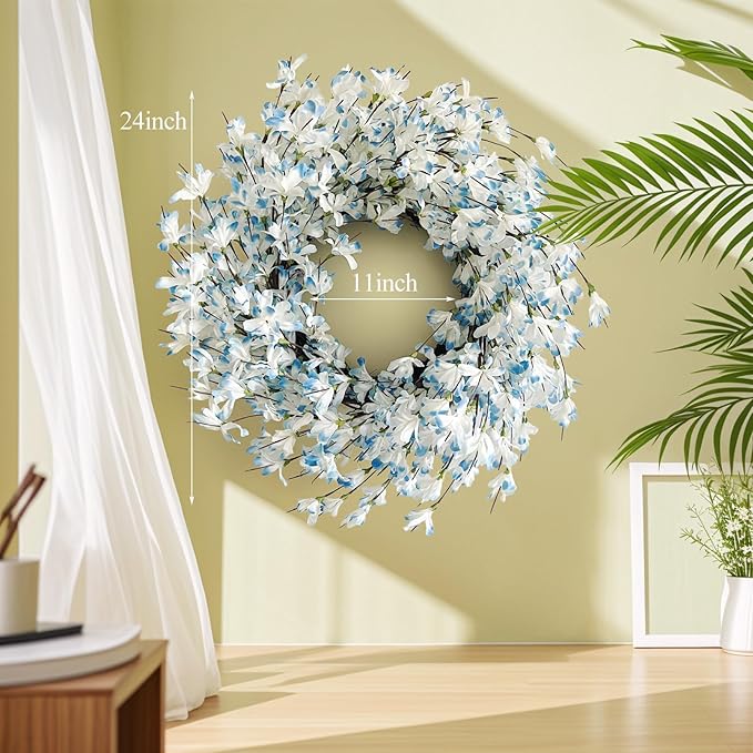 Blue Forsythia Spring Wreath for Front Door, 24 Inch Spring Wreath Blue Cream Cluster on Farmhouse Grapevine Blossom Cluster for Festival Celebration Front Door Wall Window Christmas Home Décor
