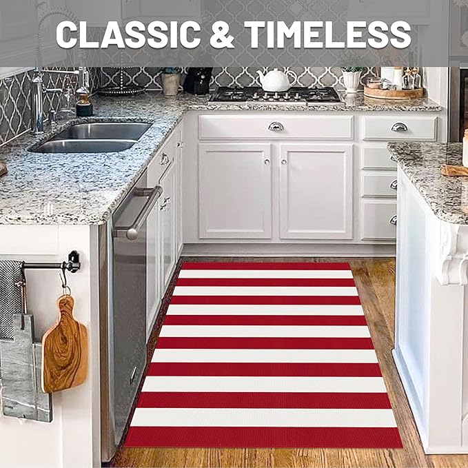 IOHOUZE Christmas Door mat 3x5 Ft Red White Striped Area Rug Washable Front Porch Rug Striped Door Mat Outside Entrance Entryway Doormat for Christmas, Winter Porch Decor