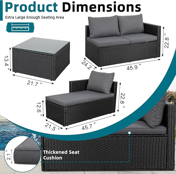 SUNLEI 3-Piece Patio Sectional Sofa, Patio Furniture Set with Detachable Soft Cushions, Outdoor PE Rattan Patio Conversation Sofa Set with Glass Coffee Table & Ottoman, Black Rattan/Grey