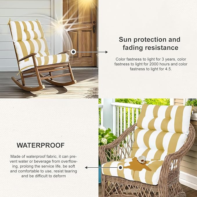 Outdoor High Back Chair Cushions 2-Pack, 44"x22"x 4" Fade-Resistant Waterproof Tufted Pads with Ties for Patio Rocking & Adirondack Chairs (Yellow White)