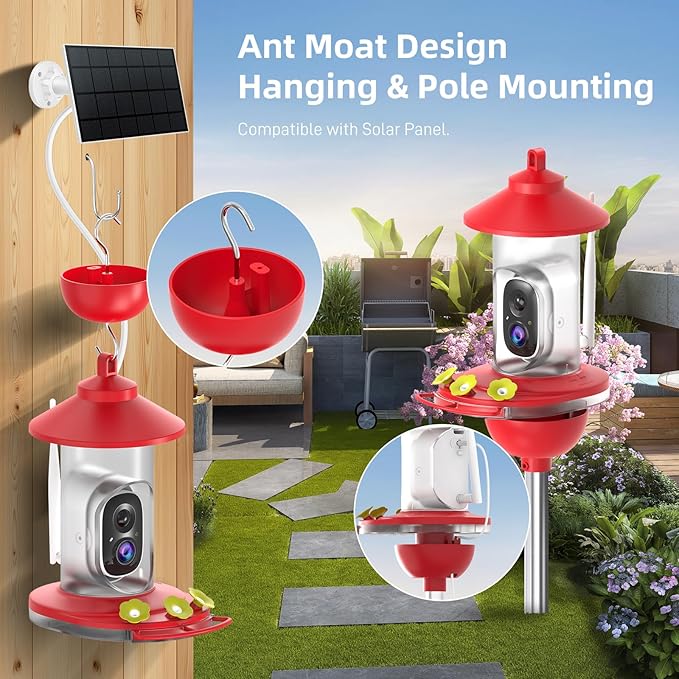 SOLIOM Hummingbird Feeder with Camera Solar Power, 2K Smart Hummingbird Feeder Camera Solar Powered with AI Identify, Ant Moat Pole Holder, Auto Detect, Ideal Gift for Hummingbird Lover (20 oz)
