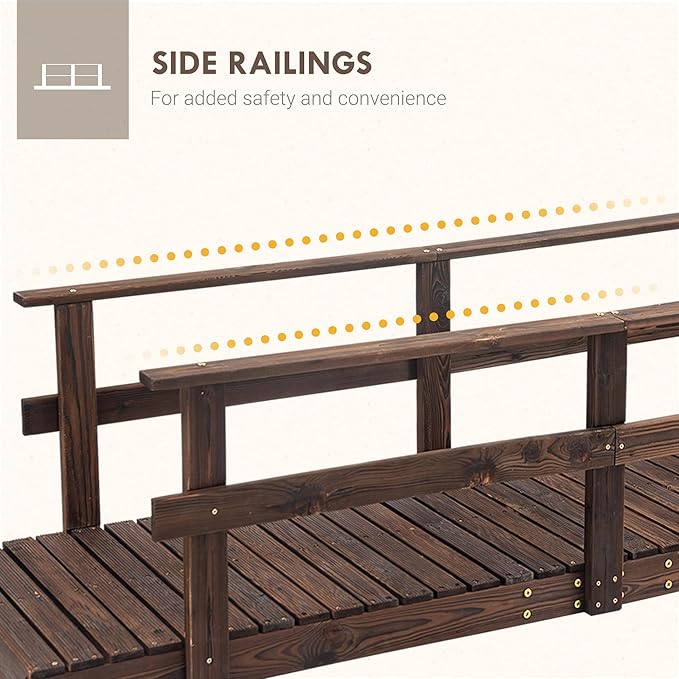 CHARMMA 7' Wooden Garden Bridge with Safety Rails, Backyard Footbridge for Ponds, Creeks, Streams, Stained Finish