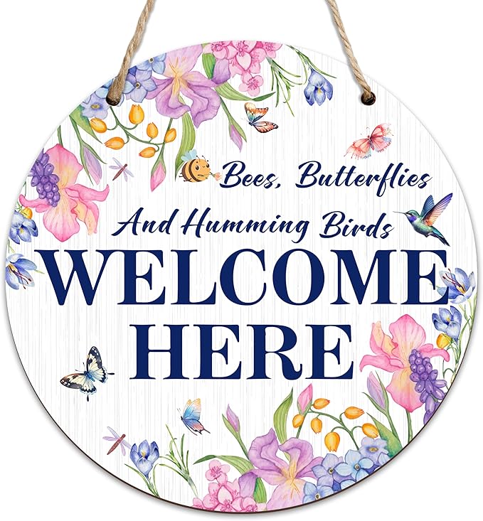 Spring Hanging Decor For Front Door, Outside Hummingbird Round Sign Decor For Farmhouse Home Yard Porch, Hello Spring Decorations, Welcome Spring Wall Plaque Gifts For Friends Family -10