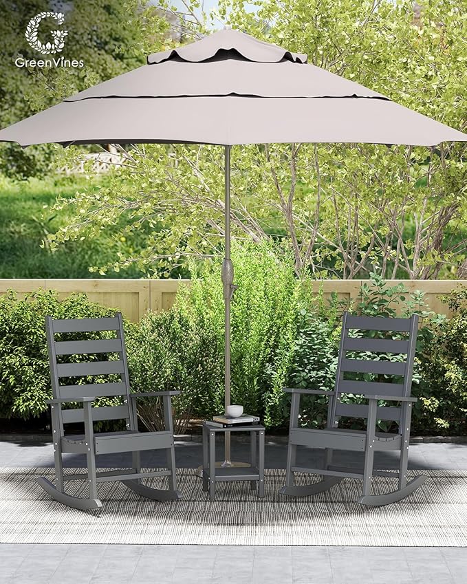 GREENVINES Outdoor-Rocking-Chairs-Set-of-2 | HDPE Plastic | Patio Rockers | Porch Rocker Chair | Shaker | Oversized | High Ladder Back | Big & Tall | PentaLuxe | Grey