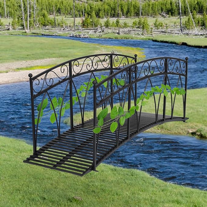 AIIT 8 FT Metal Garden Bridge – Heightened Patio Outdoor Bridge with Safety Guardrails, Decorative Landscaping Iron Footbridge for Backyard Creek Lawn Stream, Black