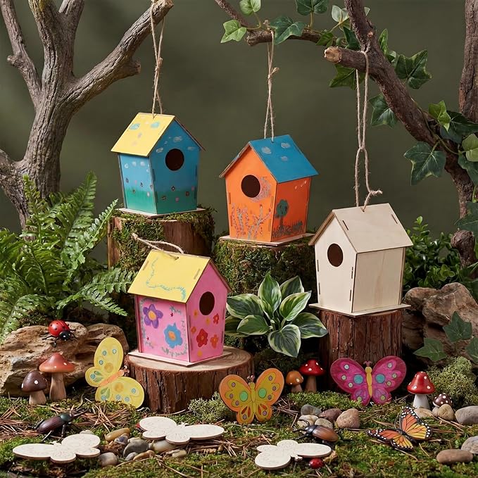 DoubleFill 24 Pack Wooden Bird Houses Bulk, Butterfly Wood Chips for DIY Unfinished Hanging Birdhouse Kits, Wooden Craft Houses to Paint Easter VBS Craft Family Crafts Party Favor
