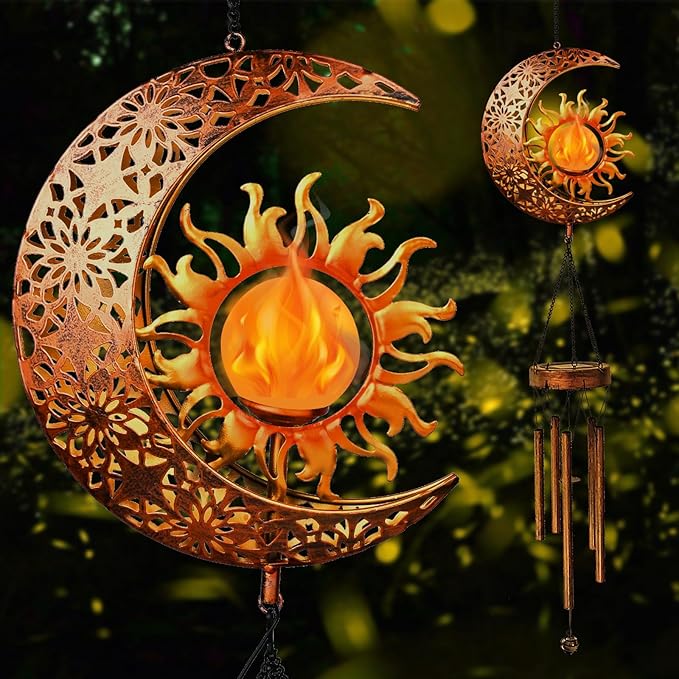Solar Sun Moon Wind Chimes Outdoor, Waterproof Wind Bells Light with Crackle Glass Ball for Outside, Clearance Unique Gifts for Mother's Day, Mom, Women, Girls, Yard, Garden, Party Decor