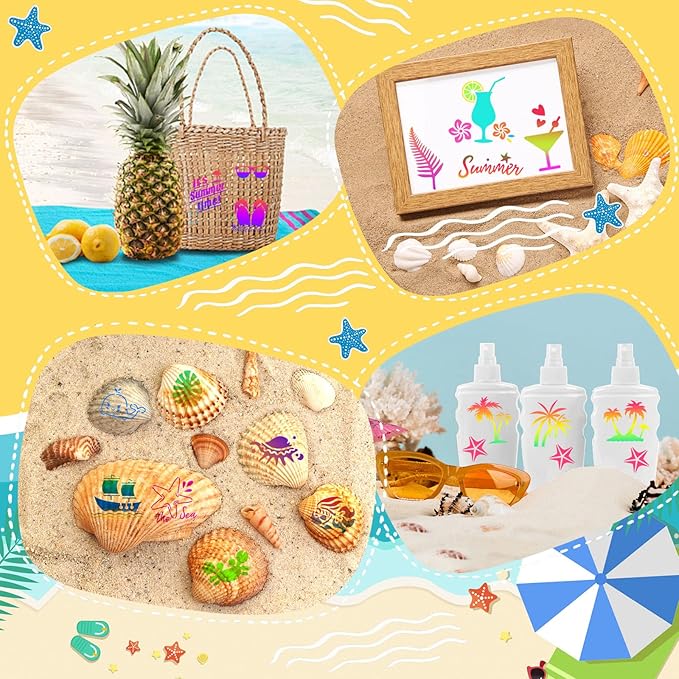 Augshy Beach Stencils, 56 Pack Summer Beach Wood Hawaiian Ocean Life Stencils for Scrapbooking Drawing Wall Floor Decor DIY Rock Painting Art Projects (3 Inch)