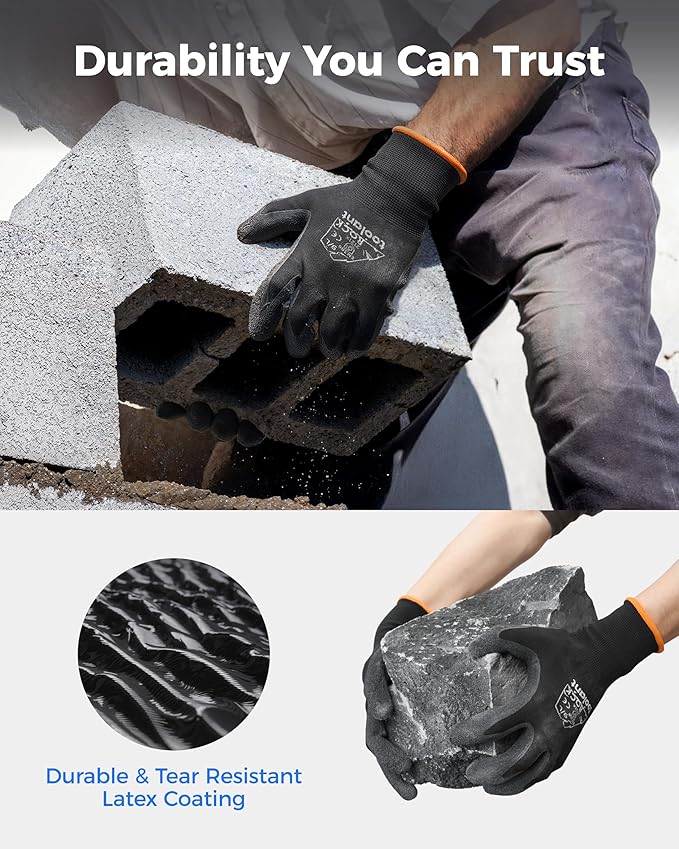 toolant Crinkle Latex Work Gloves Bulk, Rubber Coated Safety Work Gloves for Men and Women, 60 Pairs for Construction, Gardening, Warehouse (Black, Large)